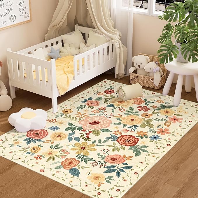 DUKINO 4x6 Area Rug, Lightweight Non Slip Washable Floral Rug, Indoor Low Pile & Non-Shedding Boho Design Rugs for Bedroom, Living Room, Dining Room, Beige Yellow