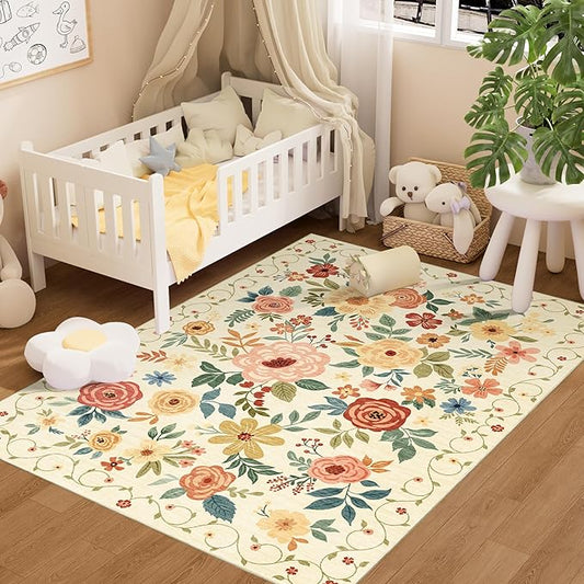 DUKINO 4x6 Area Rug, Lightweight Non Slip Washable Floral Rug, Indoor Low Pile & Non-Shedding Boho Design Rugs for Bedroom, Living Room, Dining Room, Beige Yellow