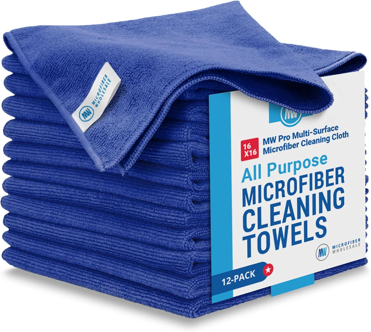 MW Pro Multi-Surface Microfiber Towel – 12 Pack | Premium Cleaning Cloth | Clean, Buff, Dust, Polish, Absorb | Large 16"x16" (Dark Blue)