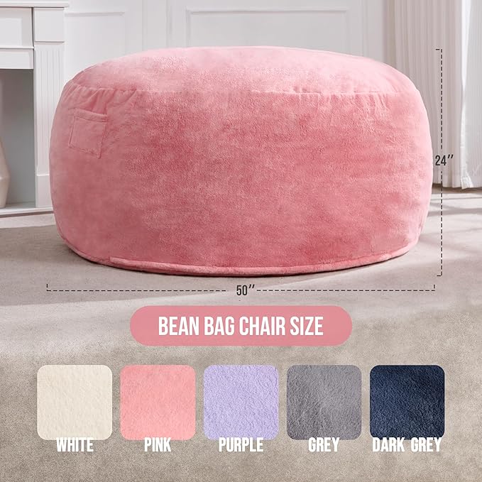 Hobestluk 5ft Bean Bag Chairs for Adults Large Beanbag Chair with Plush Faux Fur Cover Big Bean Bag Chair for Living Room Bedroom Dorm Office - Pink (50” x 50” x 24”)