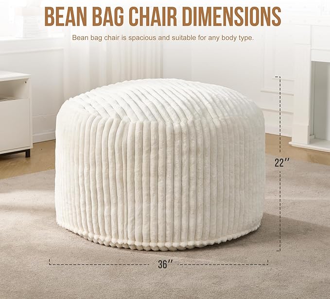 Hobestluk 3ft Bean Bag Chairs for Adults Large Beanbag Chair with Stripe Plush Cover Big Bean Bag Chair for Living Room Bedroom Dorm Office - White (36” x 36” x 22”)
