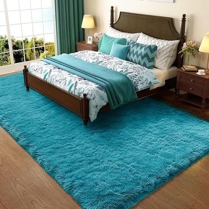 Ophanie Teal Rugs for Bedroom Living Room, Fluffy Fuzzy Furry Carpet, Plush Soft Shaggy Bedside Indoor Floor 4x6 Area Rug for Kids Girls Boys Baby Teen Dorm Nursery Home Decor Aesthetic