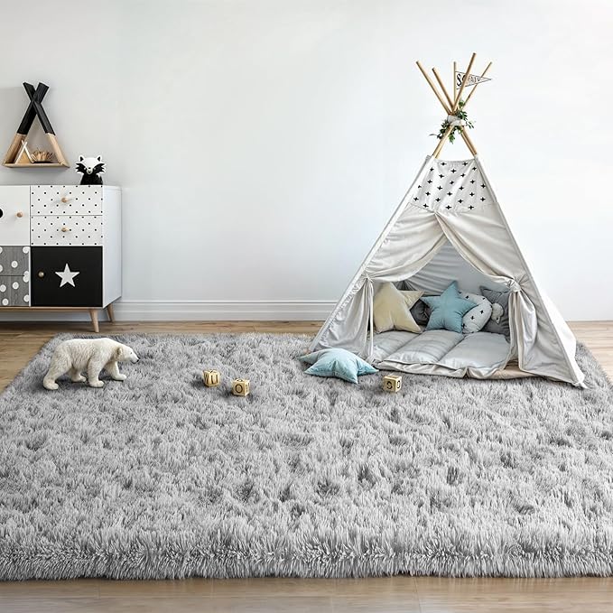 3x5 Light Grey Small Throw Rug for Entryway Non Slip, Mini Fluffy Grey Rugs for Bedroom, Plush Furry Cozy Front Entrance Indoor Floor Carpet Home Decor Aesthetic Nursery