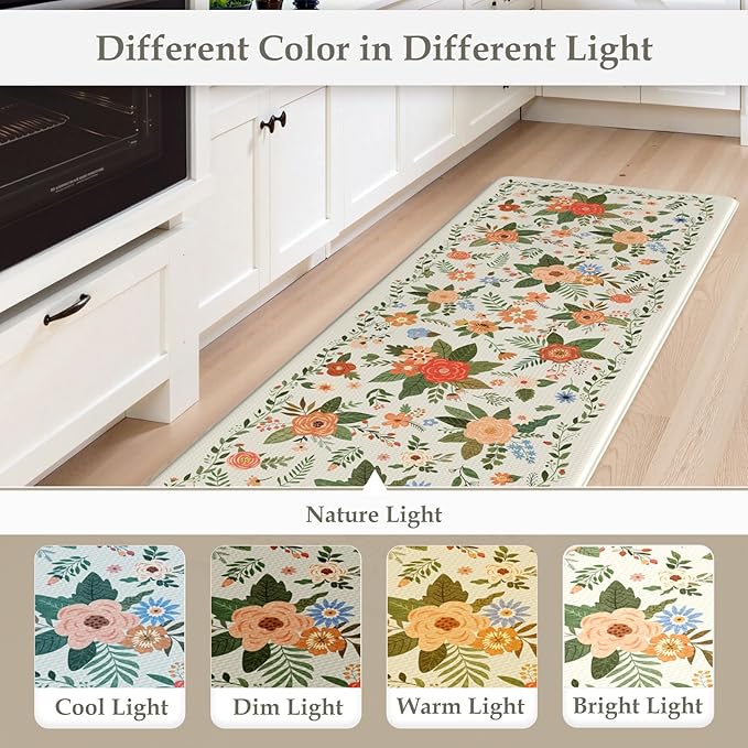 KIMODE Kitchen Mats for Floor Anti Fatigue, White Floral Rugs for Kitchen Floor, Padded Kitchen Floor Mats, Cushioned Kitchen Mats for Floor 2 Piece for Laundry Office Sink Desk 17"x47"+17"x29"