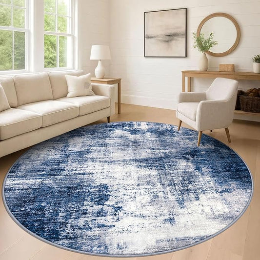 IOHOUZE Abstract Round Area Rug 8 Ft Washable Circle Rugs Large Round Rug Non Slip Thin Soft Circle Rugs, Printed Faux Wool Floor Carpet for Bedroom Living Room Dining Room Nursery, Navy/Grey