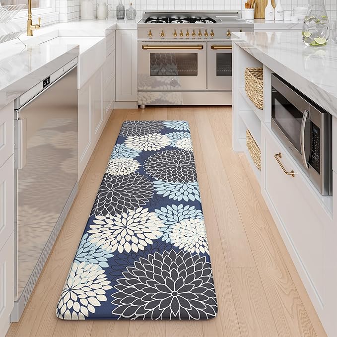 KIMODE Anti Fatigue Kitchen Mat, Cushioned Floral Kitchen Runner, Non Slip Memory Foam Kitchen Mat for Floor, Waterproof Standing Desk Mat for Laundry, Office, Sink Mutil-Blue 17.3"x59"