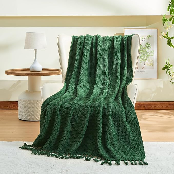 lifein Throw Blanket for Couch - Boho Throw Blanket, Knit Woven Blanket, Soft Decorative Blankets&Throws with Tassels for Bed,Sofa,Chair,Home Decor (Geen, 50 * 60, Waffle)