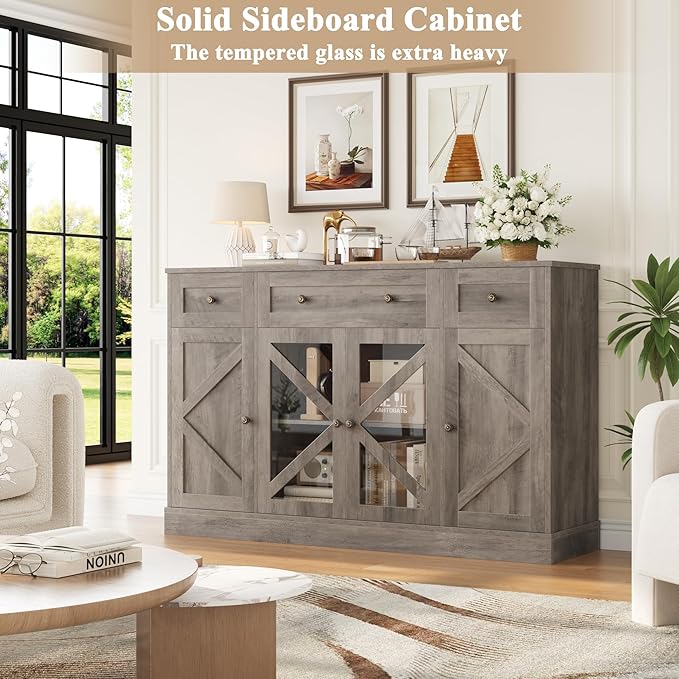 Keyluv Buffet Sideboard 55" Large Storage Cabinet 4 Doors and 3 Drawers, Farmhouse Wooden Coffee Bar Space-Saved Cupboard Furniture for Dining Room, Kitchen, Living Room, Grey Brown