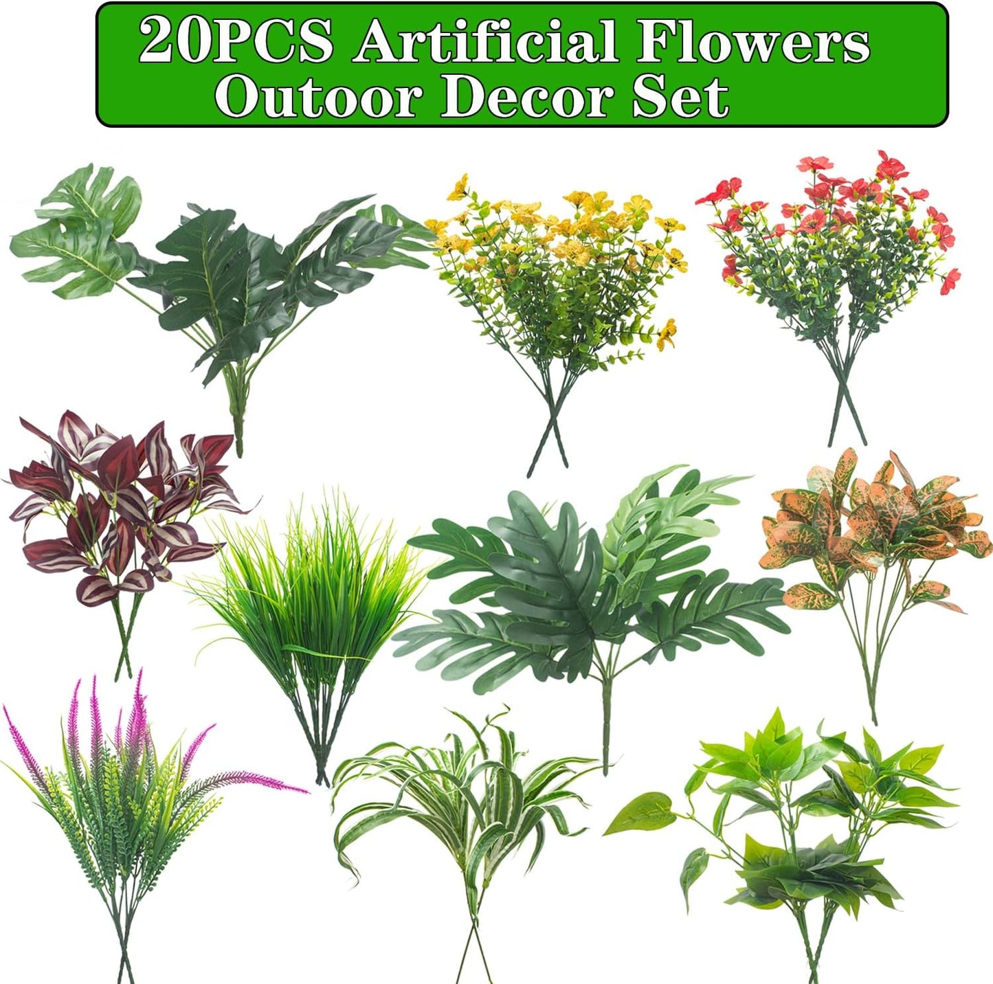 20PCS Fake Flowers UV Resistant Artificial Plants & Faux Shrubs - Outdoor Plastic Greenery Stems for Garden Porch, Window Box Planter, Home Decor(Pot Not Included)