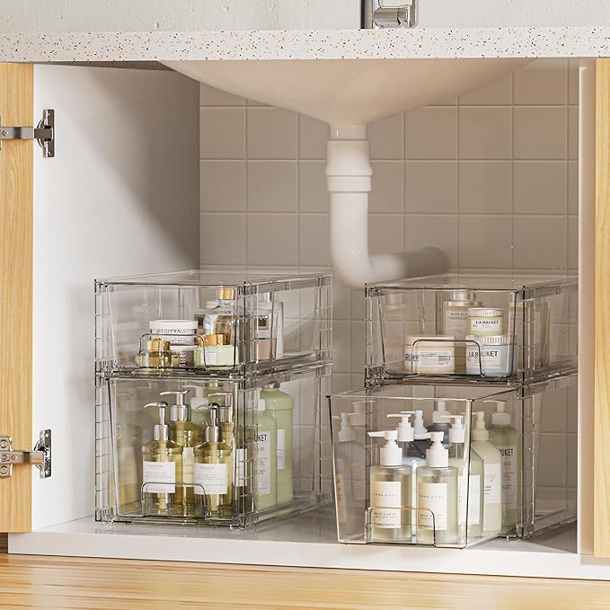 Vtopmart 6 Pack Clear Stackable Storage Drawers,Easy to Assemble Bathroom Organizers and Storage with handles,Plastic Drawers for Kitchen Pantry,Cabinet,Under Sink Organization
