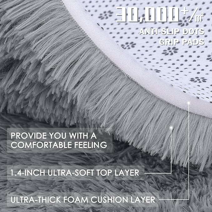 OLANLY Light Grey Round Rugs for Bedroom - Machine Washable, 9 ft Circle Area Rugs for Living Room, Soft and Fluffy Shaggy Carpet for Teen Girls and Boys, Nursery Rooms, Dorms, Home Decor Aesthetic