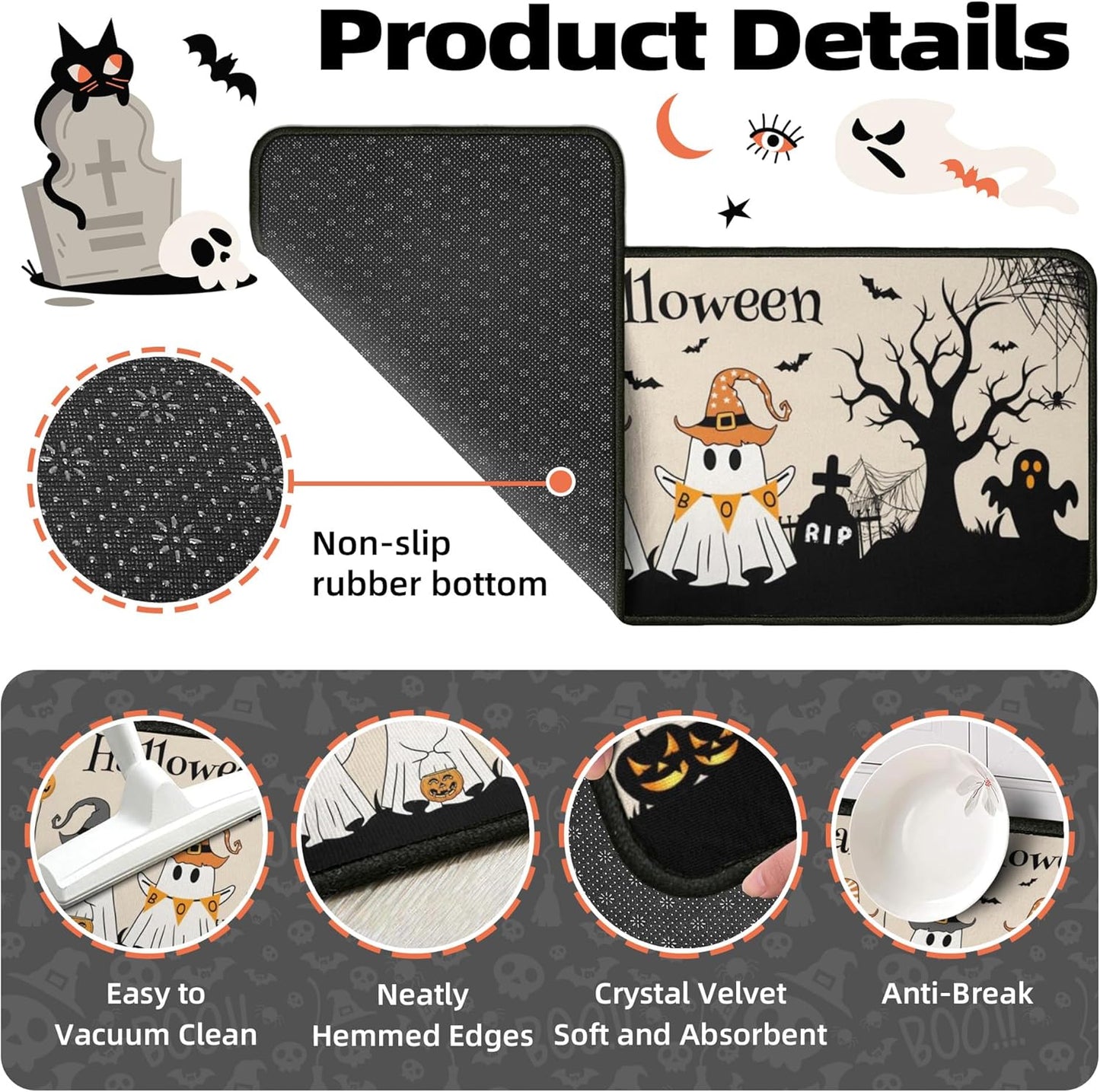 2 Piece Halloween Kitchen Decor Rugs Set,Cute Ghost Kitchen Rugs and Mats Non Skid Washable Absorbent Kitchen Accessories Decoration Floor Mats 17"x47"+17"x30"