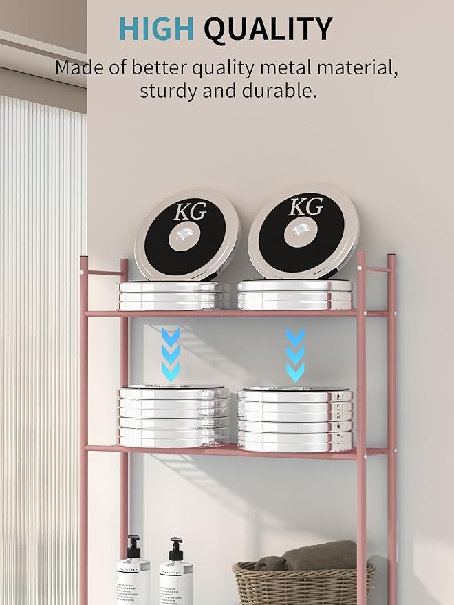 3 Tier Over The Toilet Storage Rack with 2 Basket, Metal Freestanding Bathroom Shelves Toilet with Paper Holder and 4 Hooks, Over Toilet Storage Shelf for Bathroom Storage, Bronze
