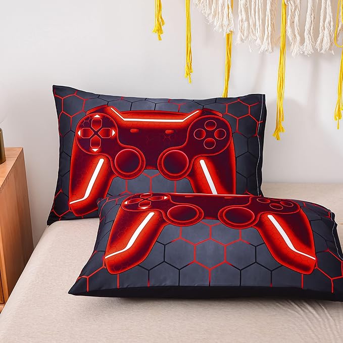 NTBED Game Console Comforter Set for Boys Girls Kids Geometric Lightweight Microfiber Bedding Sets (red, Queen)