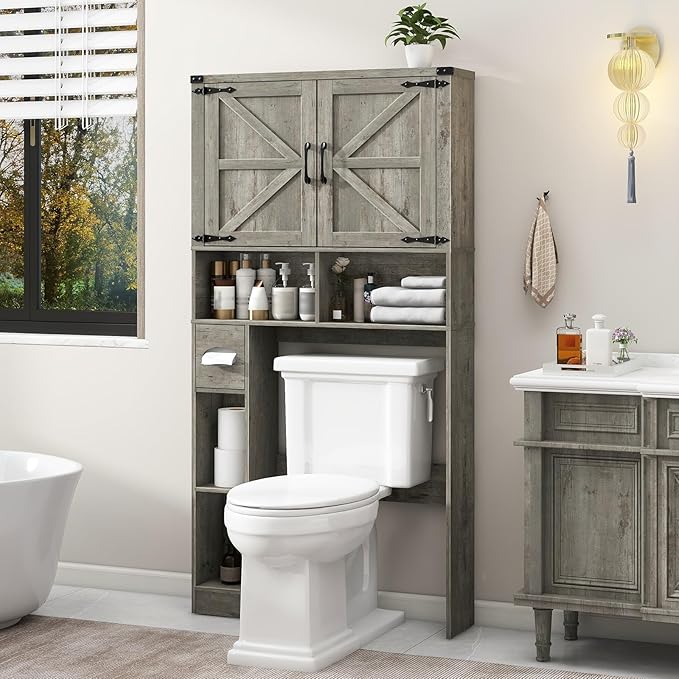 Over The Toilet Storage Cabinet, Farmhouse Storage Cabinet Over Toilet with Barn Doors & Toilet Paper Holder Stand，Home Space-Saving Toilet Rack, for Laundry, Bathroom, Restroom.Grey Oak