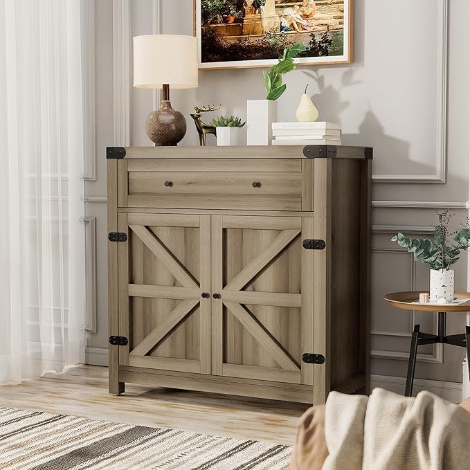 JUMMICO Coffee Bar Cabinet Farmhouse Kitchen Sideboard Buffet Cabinet with Drawer and Adjustable Shelf Barn Door Storage Cabinet for Kitchen, Dining Room, Bathroom, Entryway (Rustic Oak)