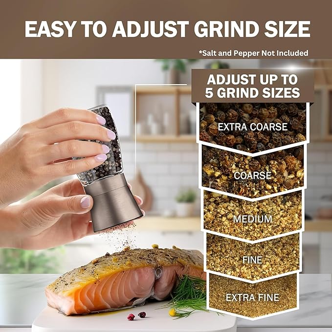 Home EC Original Gun Metal Bronze Salt and Pepper Grinder Set of 2 - Adjustable Ceramic Grinder - Glass Salt and Pepper Shakers With Funnel and Ebook - Spice Mill - Bronze Kitchen Accessories