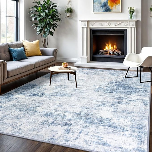 IOHOUZE Abstract Area Rugs 6x9 Ft Washable Rugs for Living Room, Non Slip Dining Room Rug, Printed Faux Wool Rugs for Bedroom, Floor Carpet for Office Nursery Playroom, Light Blue White