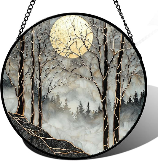 Stained Glass Window Hanging - Black and White Gold Moon Forest Sun Catcher for Door Home Decor Suncatcher Christmas Mother's Day Birthday Gifts for Women Men Lovers Mom Nana 7.8 in