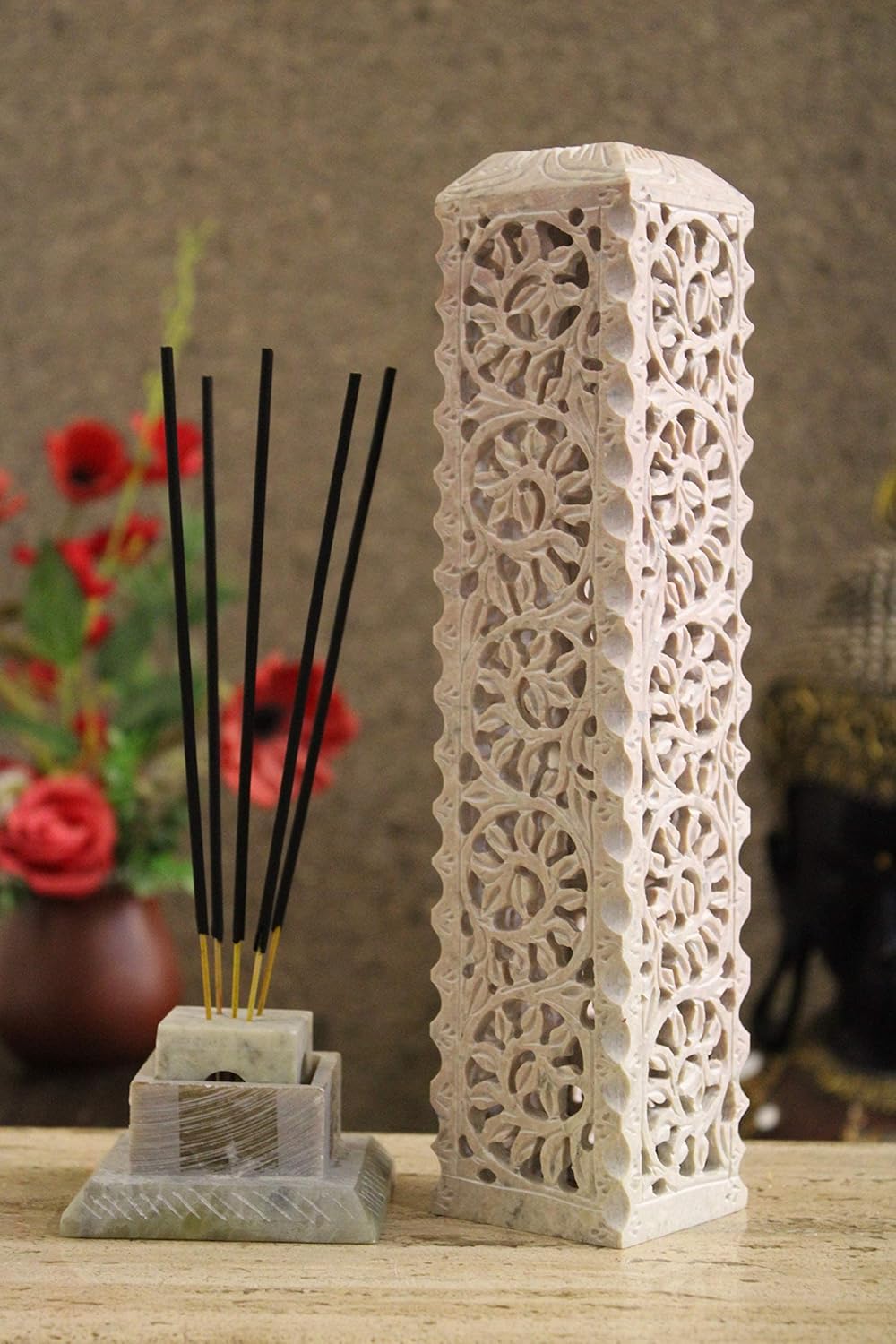 Carry Me Handmade Marble Soapstone Incense Stick Burner | Candle Stick Holder | Tea Light Stand - Perfect Incense Tower for Gifting. Decorative Home and Kitchen Decor (3 x 3 x 11 Inches)