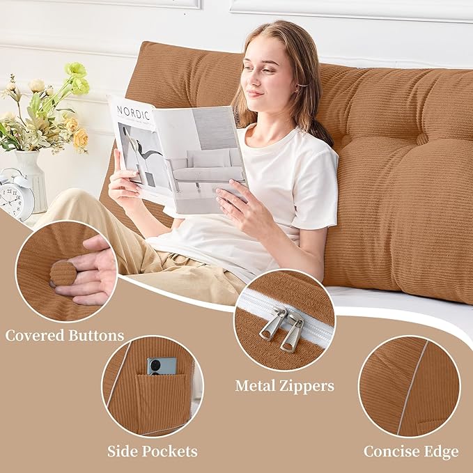 Sasttie Headboard Pillow Full, Wedge Pillow Headboard for Sitting Up in Bed, Back-Rest Support Triangular Cushion for Reading - Features Removable Washable Cover, Caramel
