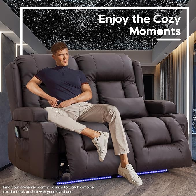 IPKIG 54" Power Loveseat Recliner Sofa, Electric Home Theater Seating with Massage Heat/4 Colors Ambient Lights/USB Port/Side Pocket/Cup Holder for Living Room, Bedroom, Home (Brown, 2 Seater)