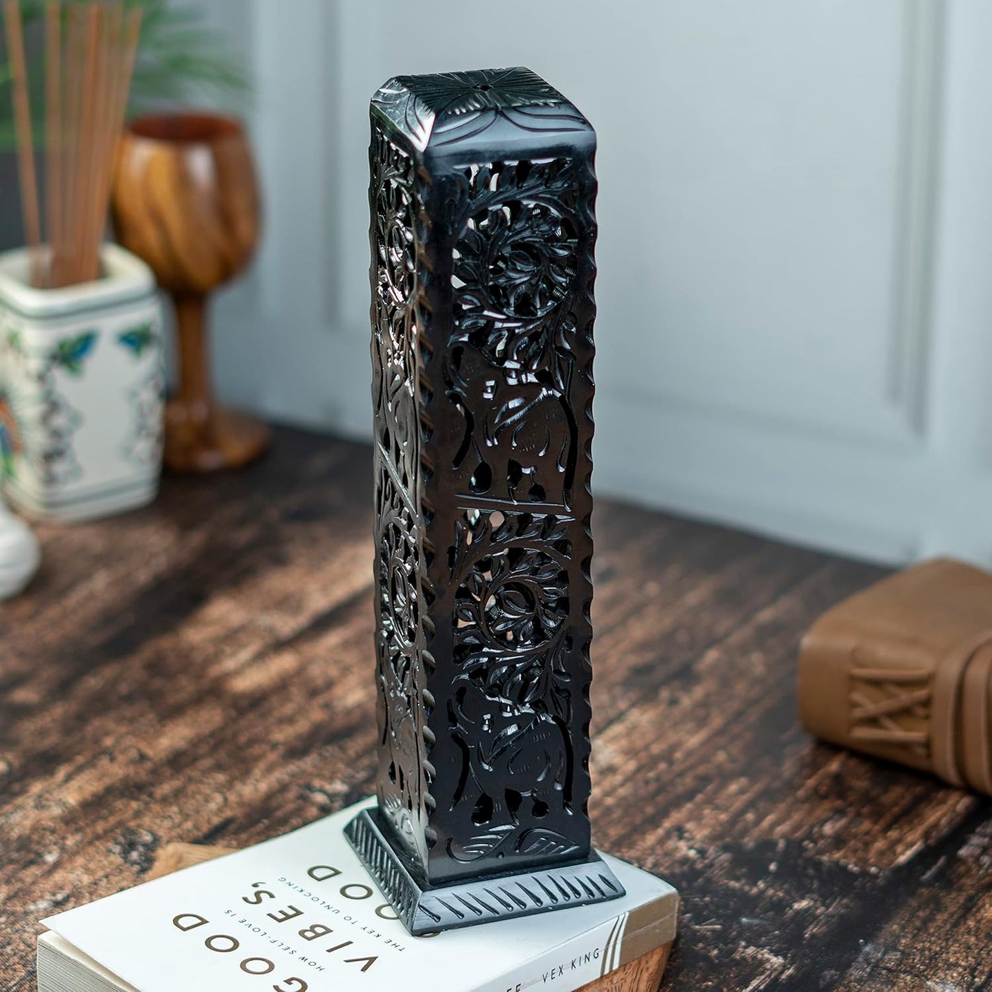 Crocon Black Marble Soapstone Incense Stick Burner Square Shape Leaf & Half Wheel Carving Tower Burner | Tea Light Candle Holder | Decorative Home & Kitchen Size - LxWxH 3X3X11 Inch