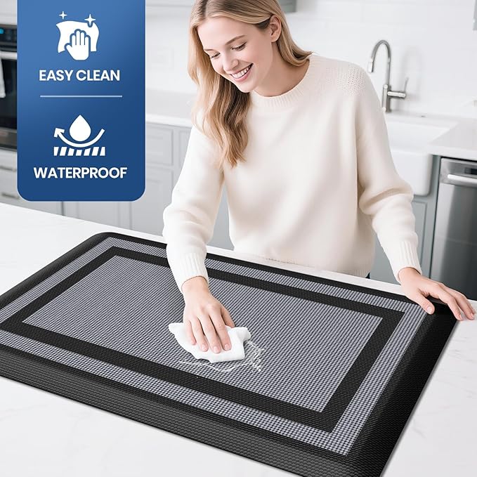 KitchenClouds [2 PCS Kitchen Rugs Cushioned Anti-Fatigue Kitchen Mats for Floor Waterproof Kitchen Rug Set Non-Slip Comfort Standing Mat for Office, Sink, Laundry 17.3"×29"+17.3"×47",Black
