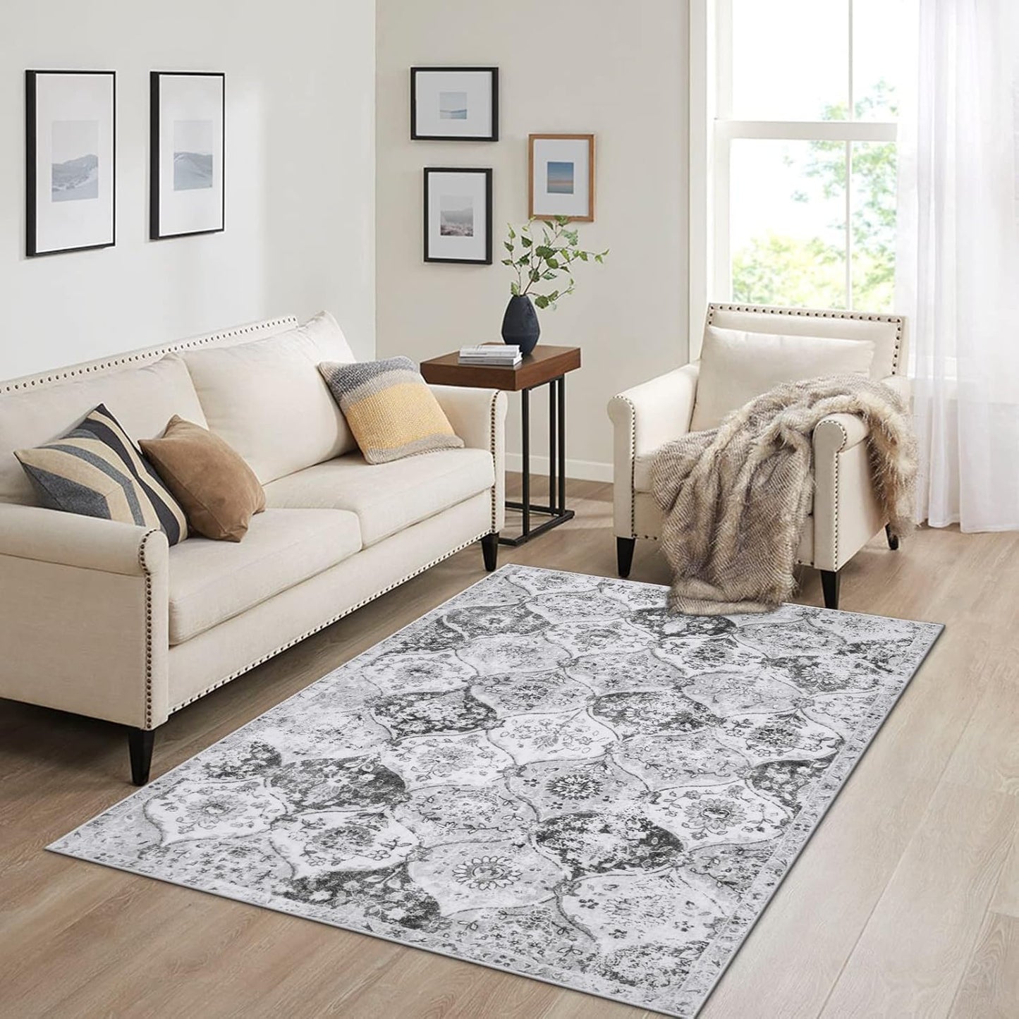 Lahome Moroccan Trellis Washable Small Area Rug, 3x5 Area Rug for Bedroom Living Room, Non-Slip Oriental Accent Throw Carpet for Kitchen Office Entryway Bathroom Office, Silver/Grey