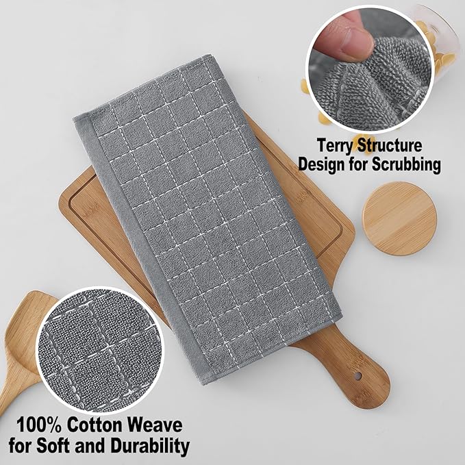 Homaxy 100% Cotton Terry Kitchen Dish Cloths, Ultra Soft and Absorbent Dish Towels for Kitchen, Suitable for Drying and Washing Dishes, 12 Pack, 12 x 12 Inches, Grey