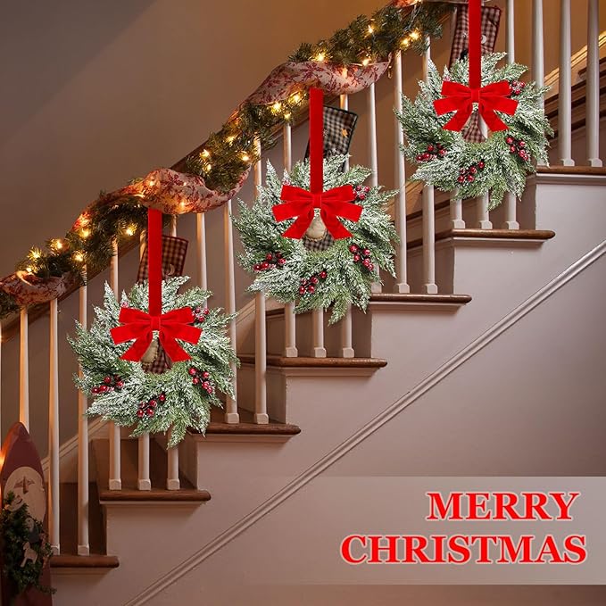 18 Pcs Small Christmas Norfolk Wreaths 15 Inch Christmas Kitchen Cabinet Mini Wreath Real Touch with Bow Ribbon Cedar Red Berry for Xmas Front Door Window Chair Fireplace Table Pillar Farmhouse Decor