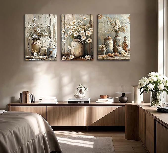 Rustic Farmhouse Daisy Flower Canvas wall art Vintage Country Floral Poster Print Artwork Modern Still Life Nature Botanical Wall Decor for Bedroom, Living Room Bathroom Scene Furniture Decoration