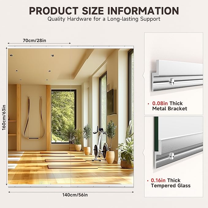 Home Gym Mirror, 63'' x 28'' x 2PCS, Large Full Body Mirror for Yoga, Frameless Tempered Glass, Wall Mounted for Home Gym, Garage, Bedroom, Bathroom
