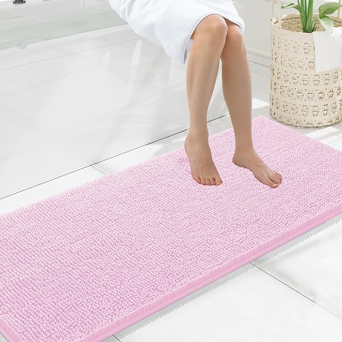 Smiry Luxury Chenille Bathroom Rugs 59x20, Extra Soft and Absorbent Shaggy Bath Mat, Machine Washable, Non-Slip Plush Carpet Runner for Tub, Shower, and Floor, Home Decor Accessories, Pink