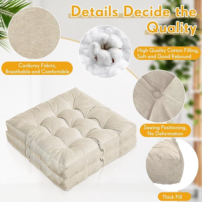 Jerify 2 Pcs Beige Floor Pillows Cushions 22 x 22 Inch Round Square Large Meditation Floor Pillow for Adults Meditation Cushion for Seating Gift Christmas (Square)