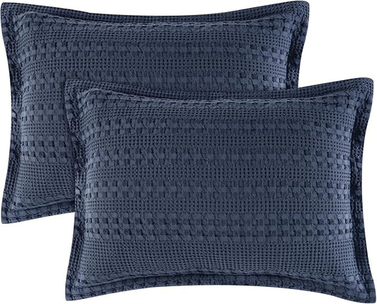 PHF 100% Cotton Ruffle Waffle Pillow Shams Standard Size, 2 Pack 20" x 26" Soft Skin-Friendly Pillowcases, No Filling, Aesthetic Home Decor, Breathable Waffle Weave Bed Pillow Covers, Dark Navy