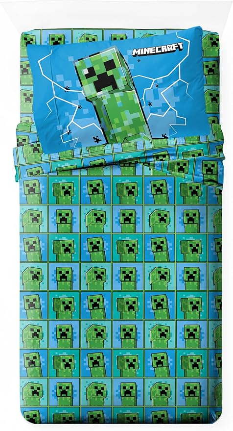Jay Franco Kids Sheet Set with Fitted, Flat Sheets & Pillow Cover - Ultra-Soft Bedding with Pillowcase for Room Decor, Blue - Minecraft Creeper, 3 Piece Twin