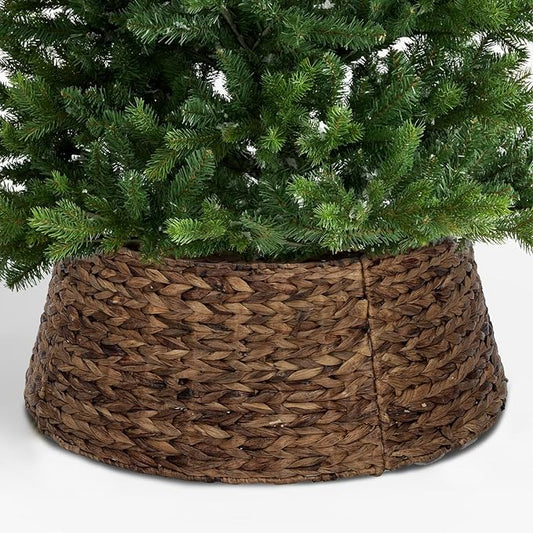 SUNNYPARK Christmas Tree Collar, 23.5’’ Hand-Woven Natural Water Hyacinth Christmas Tree Collar Basket Base Cover - Chestnut Brown