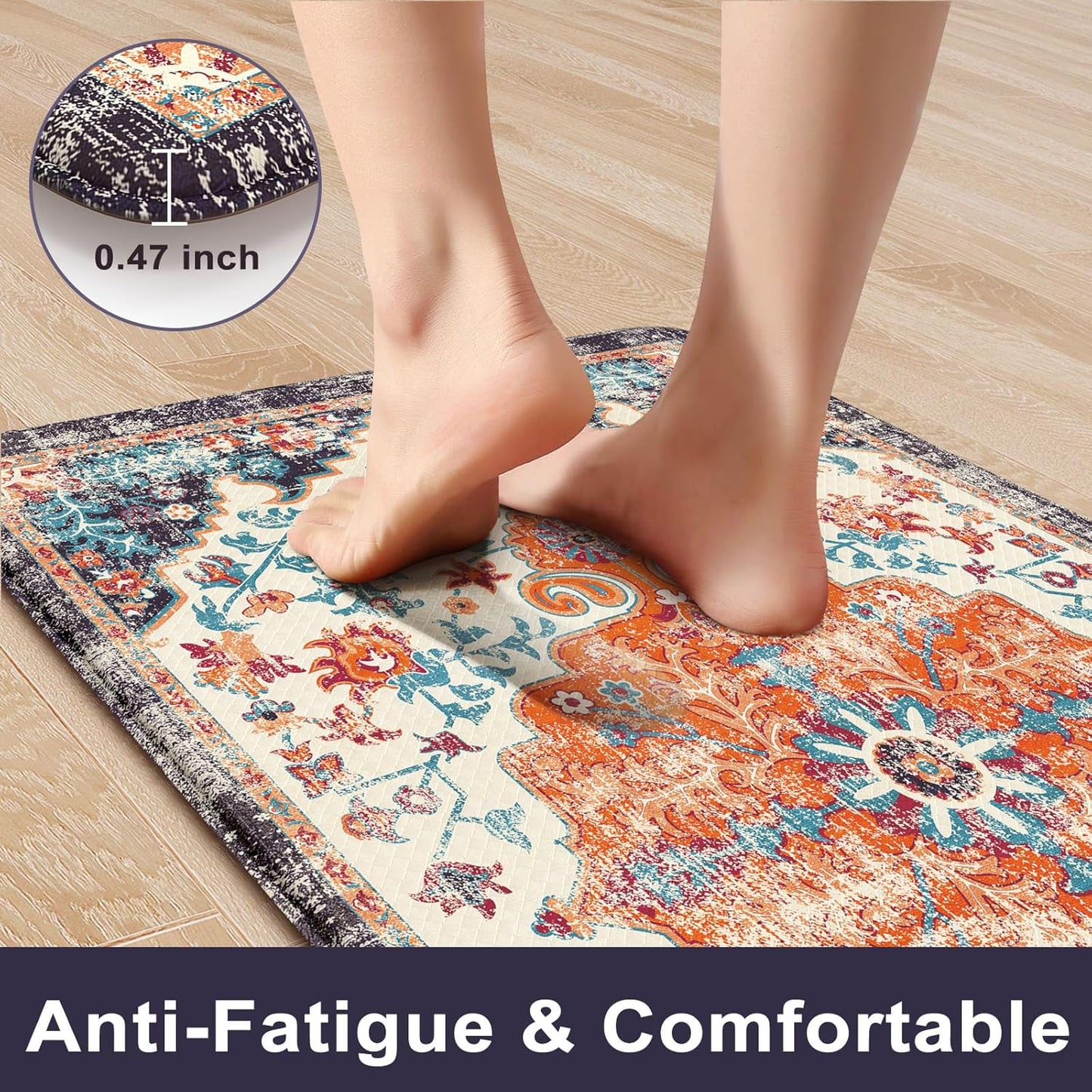 KIMODE Anti Fatigue Kitchen Mats, Boho Vintage Kitchen Rugs - Sets of 2, Cushioned Non Slip Comfort Rugs for Kitchen Floor, Sink, Laundry, Desk - Orange/Purple 20"x47"+20"x32"