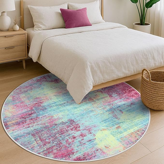 IOHOUZE Abstract Round Area Rug 6 Ft Washable Circle Rugs Large Round Rug Non Slip Thin Soft Circle Rugs, Printed Faux Wool Floor Carpet for Bedroom Living Room Dining Room Nursery, Pink Teal