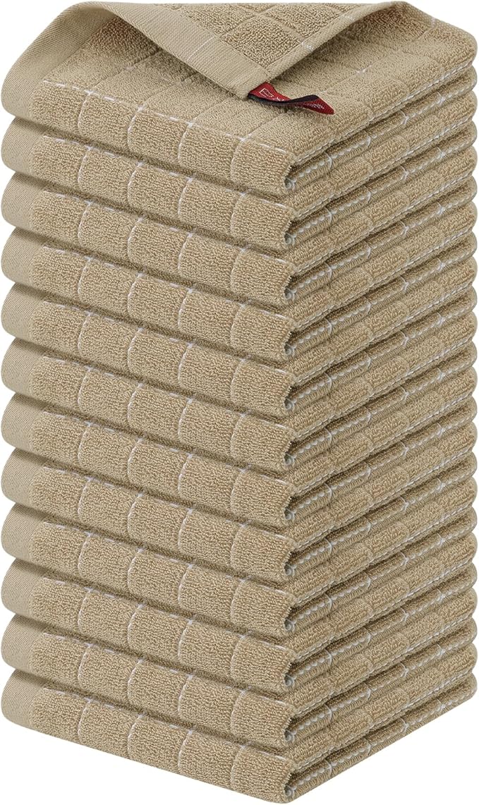 Homaxy 100% Cotton Terry Kitchen Dish Cloths, Ultra Soft and Absorbent Dish Towels for Kitchen, Perfect for Drying and Washing Dishes, 12 Pack, 12 x 12 Inches, Tan