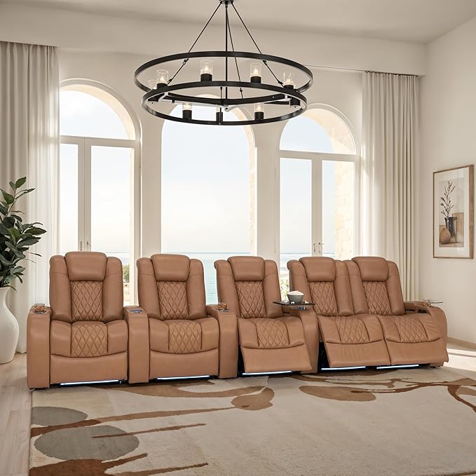 Seatcraft Diamante Zero-Gravity CoolZero Italian Leather Home Theater Seating, Power Headrest, Power Recline, Row of 5 Right Loveseat, Tan Oak