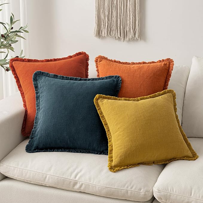 MIULEE Fall Decorative Throw Pillow Covers Neutral Linen Fringe Throw Pillows Euro Shams Set of 2 Orange Boho Farmhouse Cushion Covers for Couch Sofa Bed Living Room Spring Home Decor 22x22 Inch