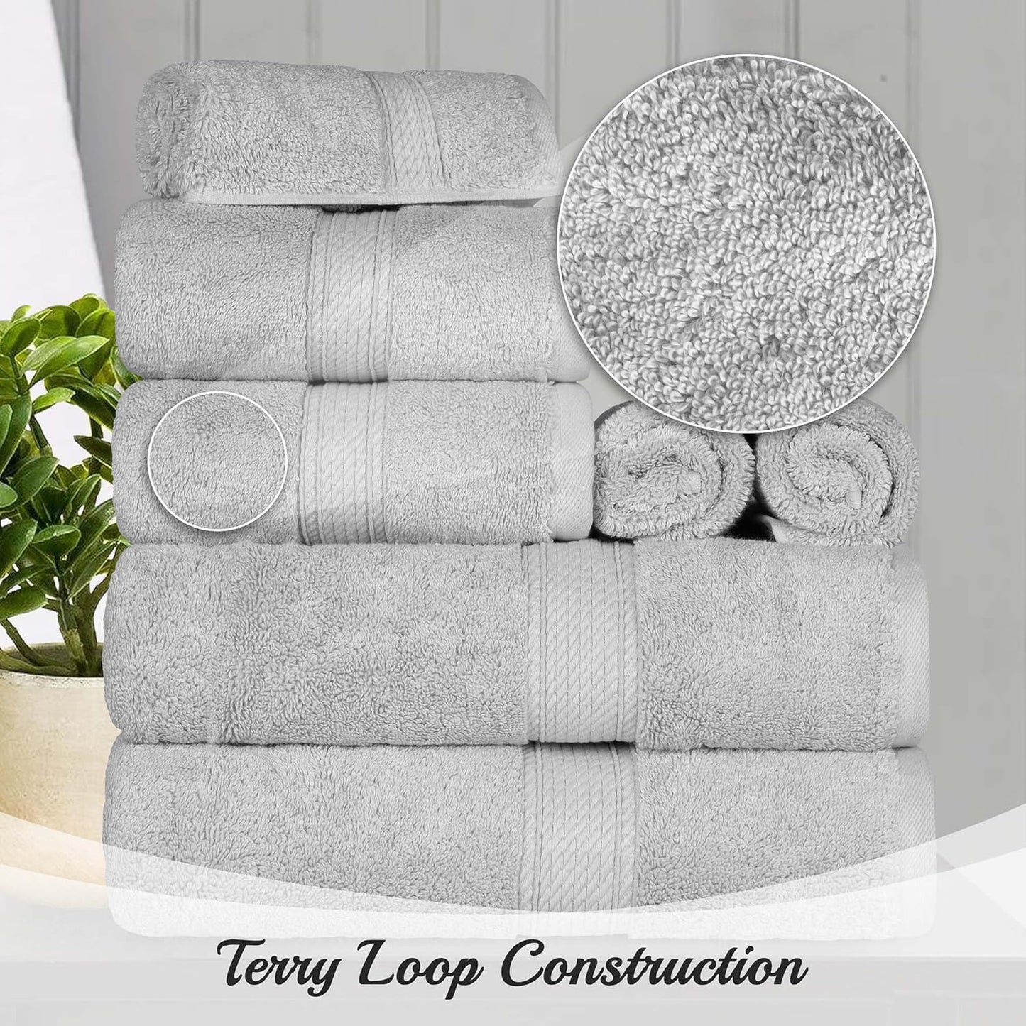 Superior Egyptian Cotton Pile 3 Piece Towel Set, Includes 1 Bath, 1 Hand, 1 Face Towel/Washcloth, Ultra Soft Luxury Towels, Thick Plush Essentials, Guest Bath, Spa, Hotel Bathroom, Silver