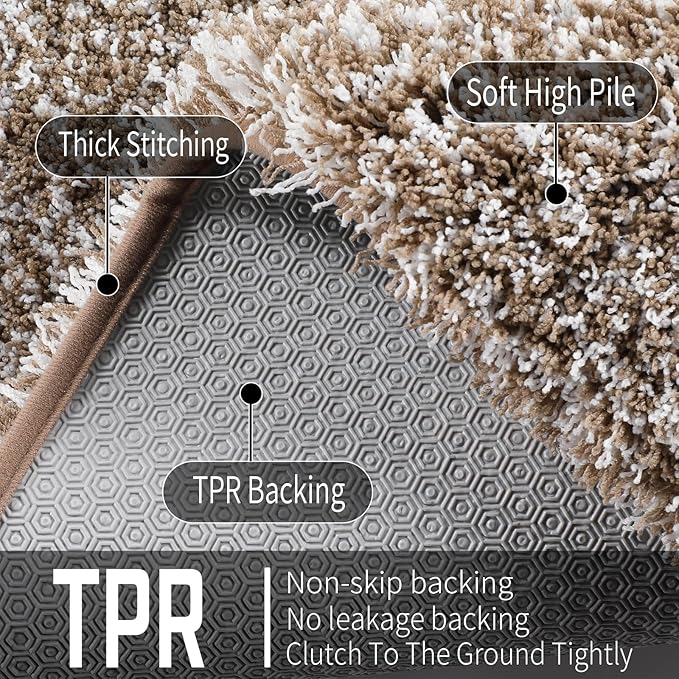 Yimobra Toilet Rugs U Shaped Washable 24x20, Ultra Soft and Water Absorbent Bath Mats, Non Slip Fluffy Shaggy Luxury Microfiber Contour Bath Rugs for Toilet, Dry Quick, Light Brown and White