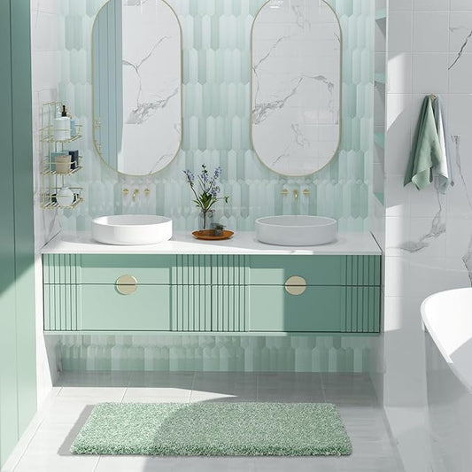 Yimobra Light Green and White Bathroom Rugs Non Slip Washable 44x24, Ultra Soft and Water Absorbent Bath Mats, Plush Fluffy Shower Mat Outside, Luxury Microfiber Thick Matts for Bathroom Floor/Tub