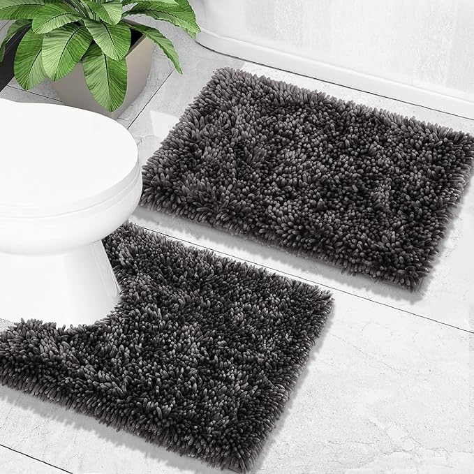 Yimobra Toilet Rugs U Shaped Washable, Soft Comfortable Toilet Mat for Bathroom Floor, Non-Slip Contour Bathroom Rugs for Toilet, Fluffy, Thick, Dry Quickly Absorbent Water, 24.4 x 20.4, Dark Grey