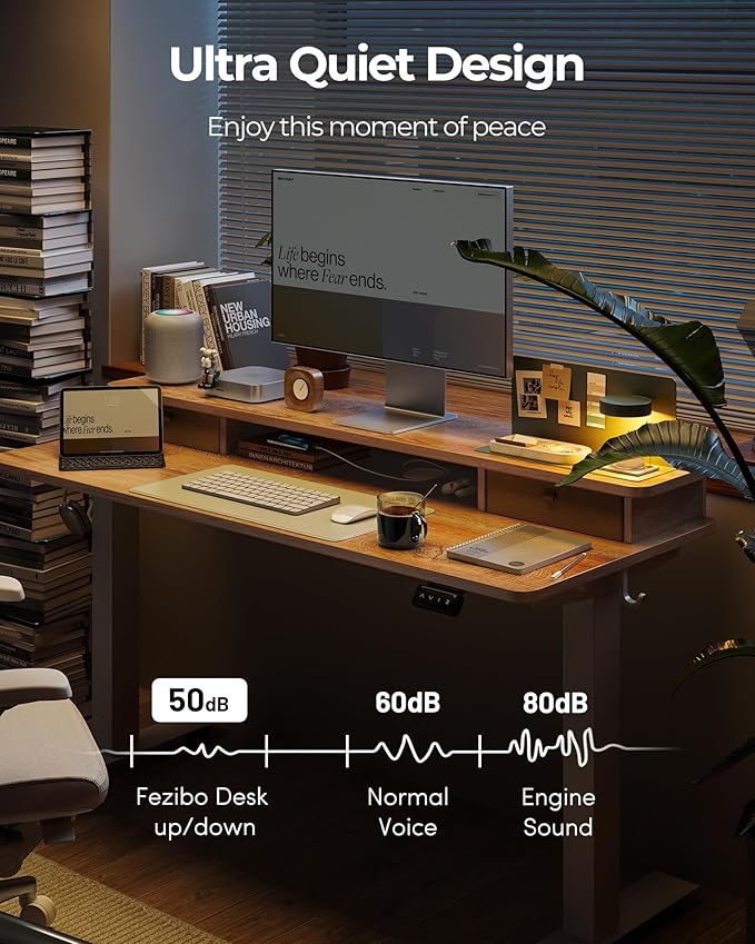 FEZIBO 60 x 24 Inch Height Adjustable Electric Standing Desk with Double Drawer, Computer Desk, Home Office Stand Up Table with 4 Height-Adjustable Feets & 2 Hooks, Maple