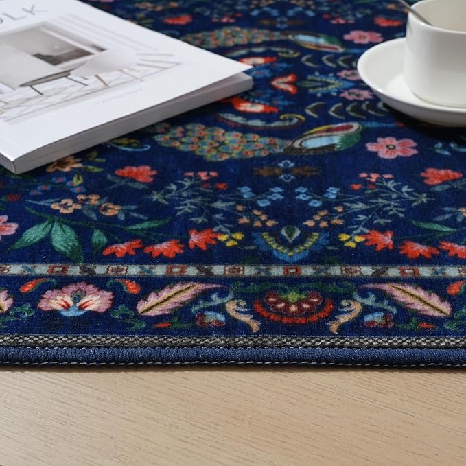 Round Rug 6ft Washable Circle Rug Floral Non Slip Low Pile Small Circular Rug for Bedroom, Bathroom, Entryway, Kids Room, Office(Blue)