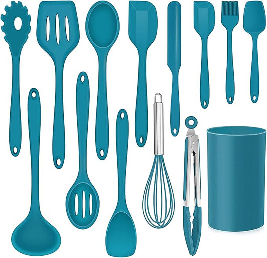 LIANYU 14 Pcs Cooking Utensils Set with Holder, Heat Resistant Silicone Kitchen Cookware Utensils Set, Kitchen Cooking Tools Includes Spatula Spoon Turner Whisk Tong, Dishwasher safe, Dark Blue